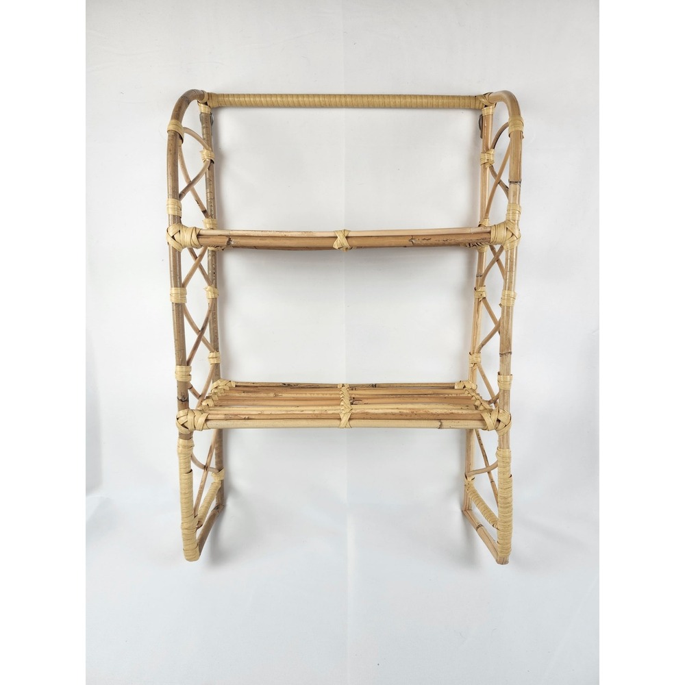 Vintage Rattan Wall Shelf 24x18 Hanging Bamboo Wicker Boho Coastal Decor Rack
